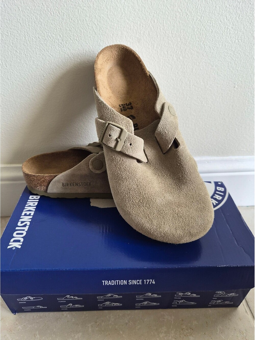 Birkenstock Boston Suede Clog Sandals in Taupe, Size 37 0258